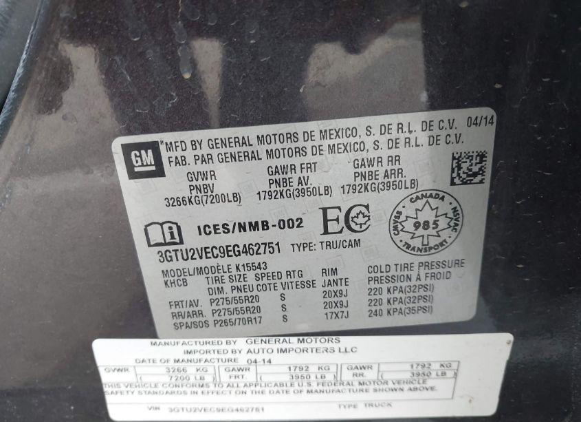 Photo 9 of 2014 Gmc Sierra 1500 SLT (VIN 3GTU2VEC9EG462751)