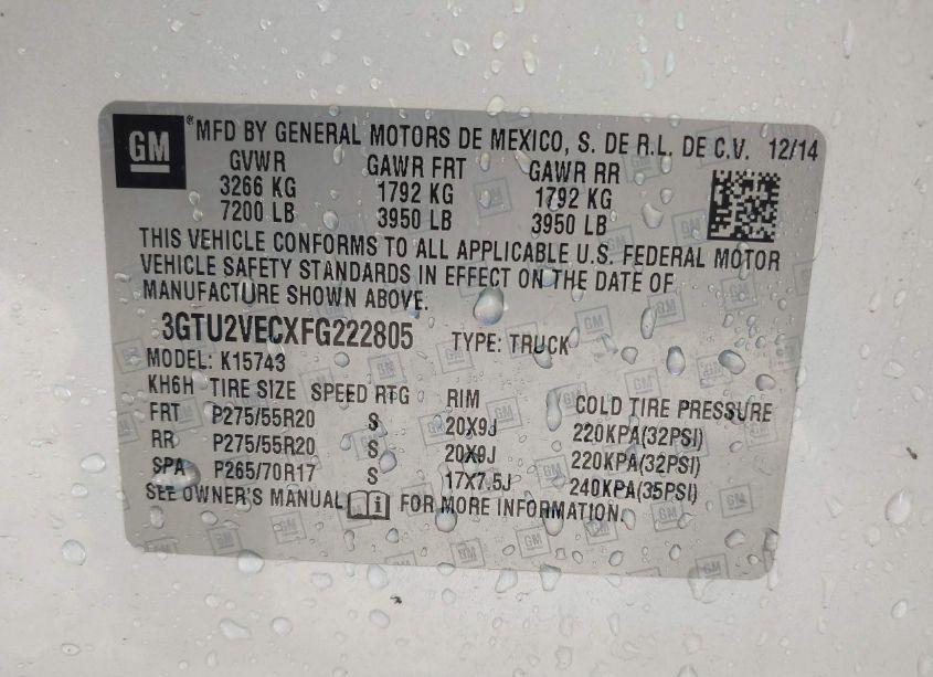 Photo 9 of 2015 Gmc Sierra 1500 SLT (VIN 3GTU2VECXFG222805)