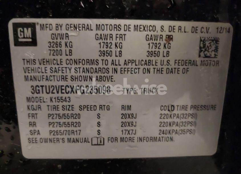 Photo 9 of 2015 Gmc Sierra 1500 SLT (VIN 3GTU2VECXFG235098)