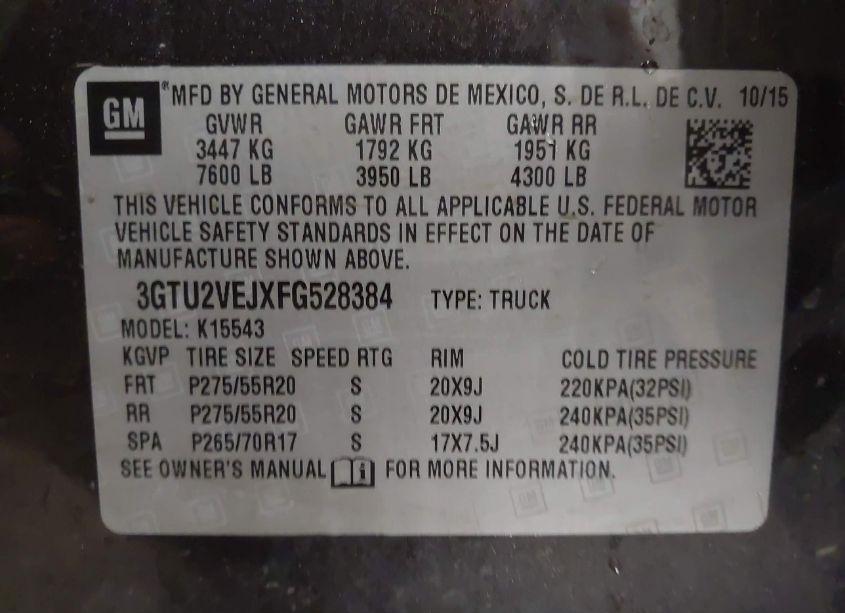 Photo 9 of 2015 Gmc Sierra 1500 SLT (VIN 3GTU2VEJXFG528384)