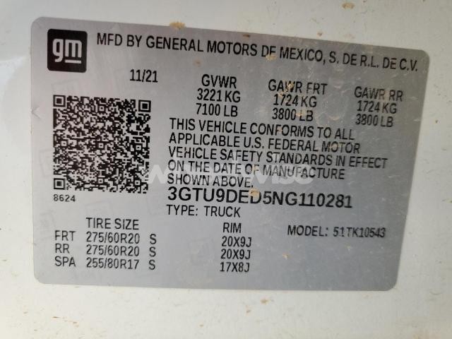 Photo 12 of 2022 GMC SIERRA LIMITED K1500 SLT (VIN 3GTU9DED5NG110281)
