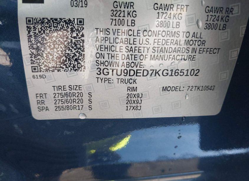 Photo 9 of 2019 Gmc Sierra 1500 SLT (VIN 3GTU9DED7KG165102)