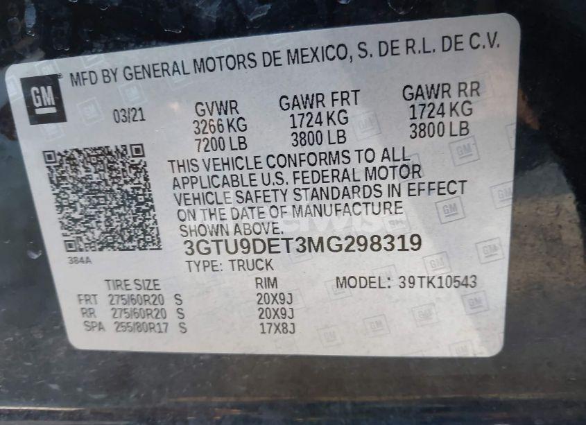 Photo 9 of 2021 Gmc Sierra 1500 4WD SHORT BOX SLT (VIN 3GTU9DET3MG298319)