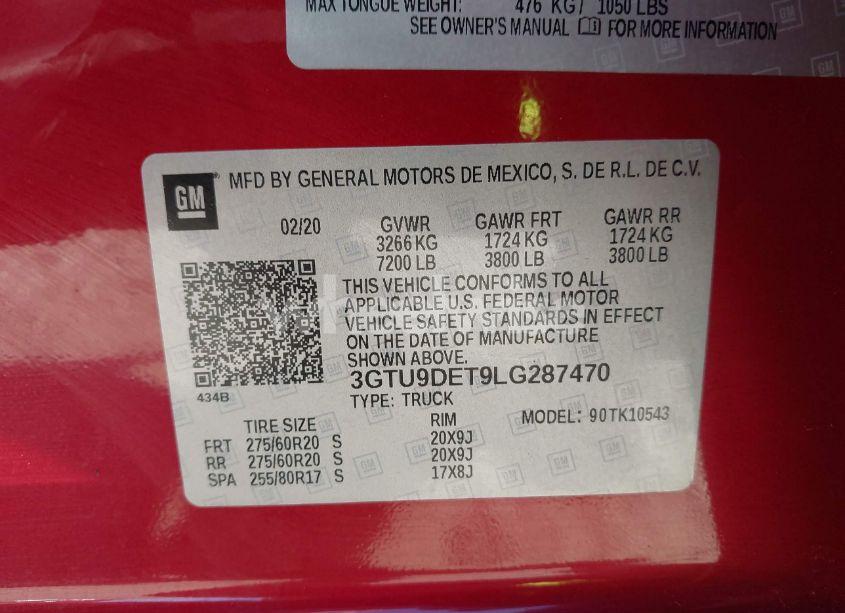 Photo 9 of 2020 Gmc Sierra 1500 4WD SHORT BOX SLT (VIN 3GTU9DET9LG287470)