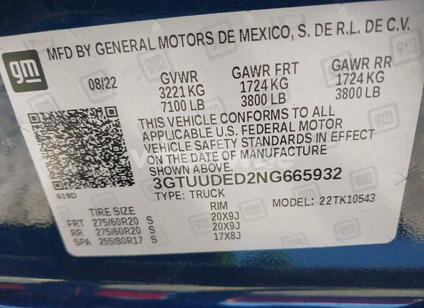 Photo 9 of 2022 Gmc Sierra 1500 4WD SHORT BOX SLT (VIN 3GTUUDED2NG665932)