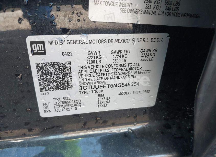 Photo 9 of 2022 Gmc Sierra 1500 4WD STANDARD BOX AT4 (VIN 3GTUUEET6NG545354)