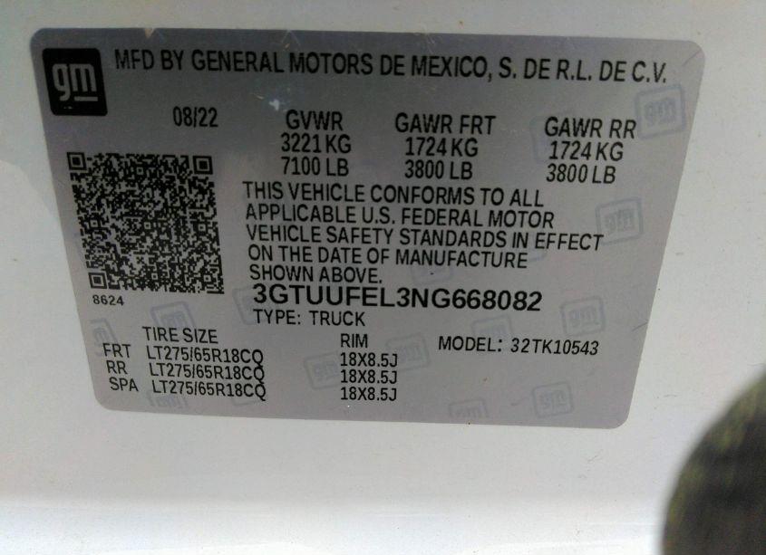 Photo 9 of 2022 Gmc Sierra 1500 4WD SHORT BOX AT4X (VIN 3GTUUFEL3NG668082)
