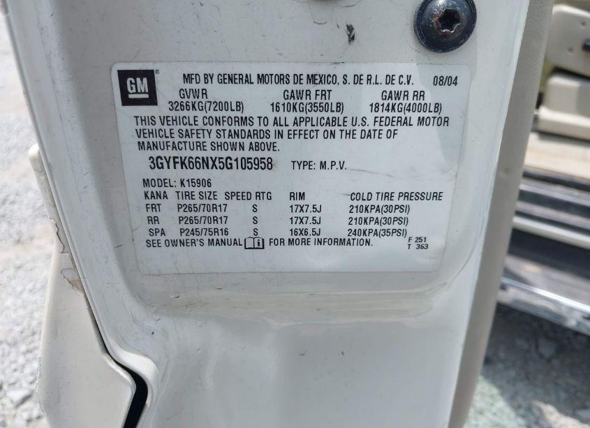 Photo 9 of 2005 Cadillac Escalade ESV STANDARD (VIN 3GYFK66NX5G105958)