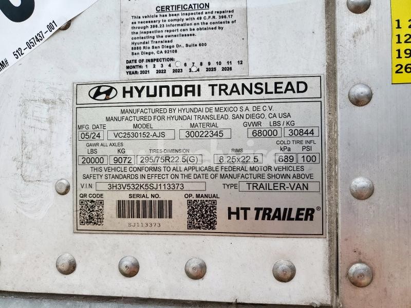 2025 HYUNDAI TRANSLEAD VC2530152-AJS DRY VAN TRAILER (VIN 3H3V532K5SJ113373) main photo