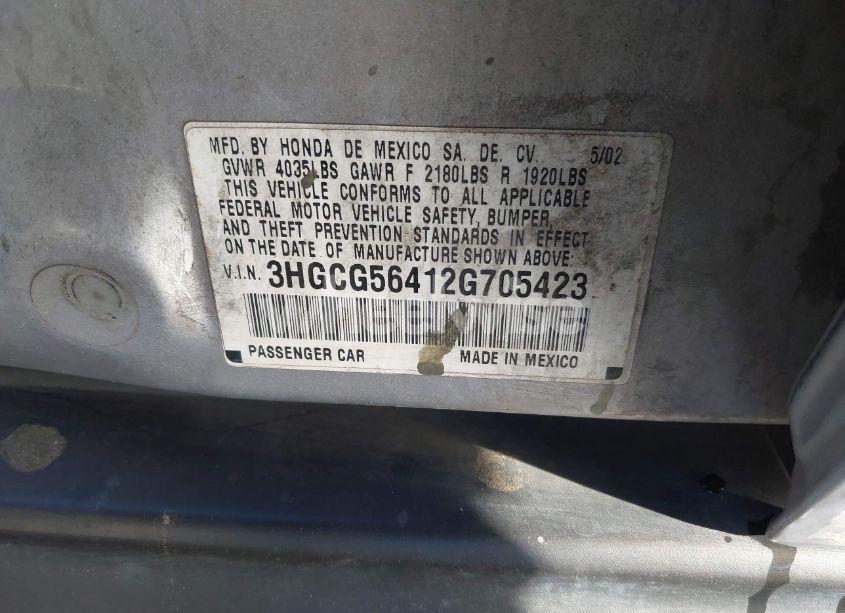 Photo 9 of 2002 Honda Accord 2.3 LX (VIN 3HGCG56412G705423)