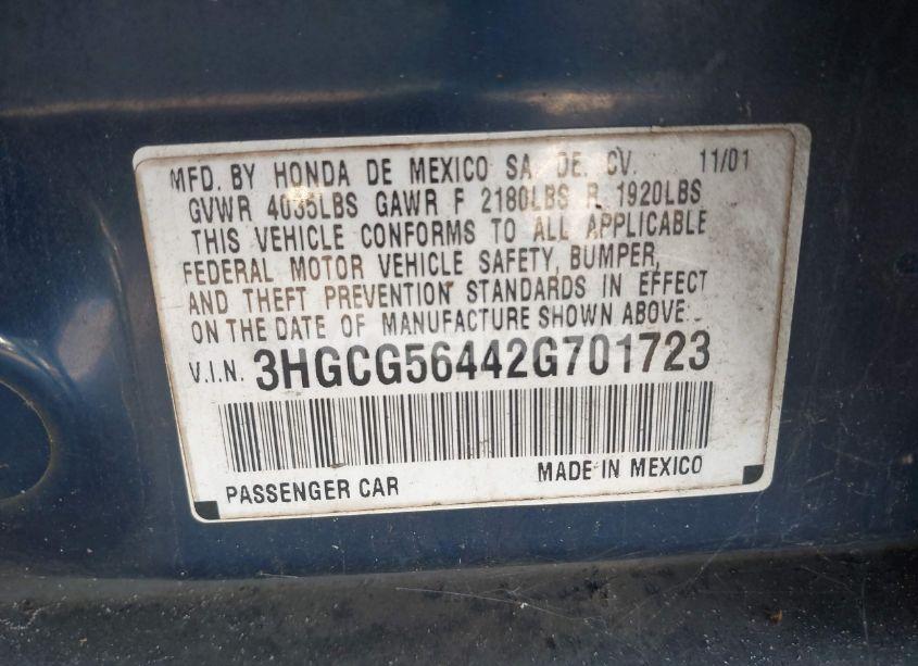 Photo 9 of 2002 Honda Accord 2.3 LX (VIN 3HGCG56442G701723)