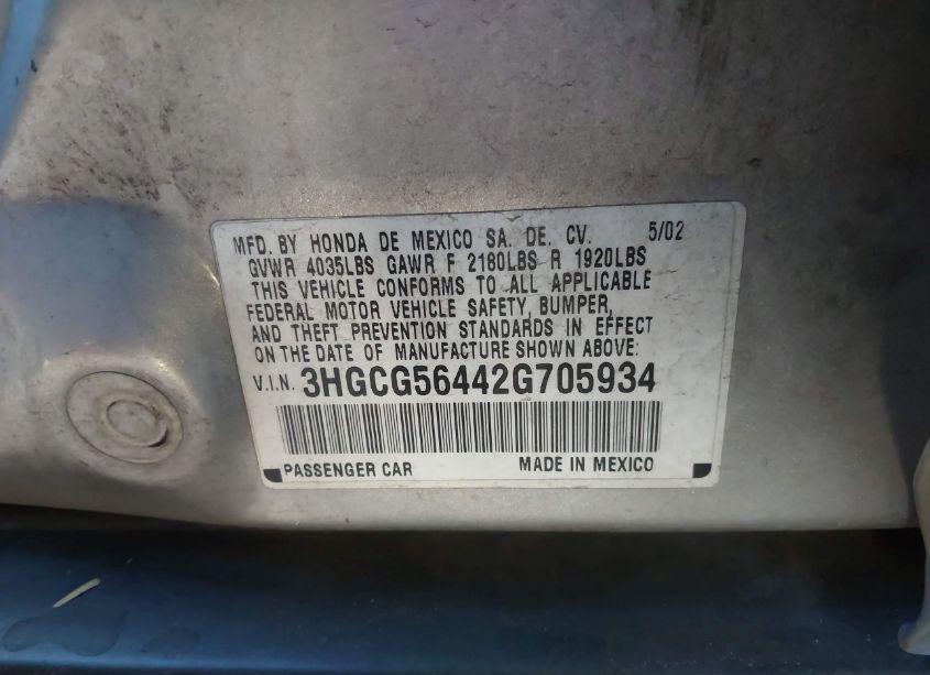 Photo 9 of 2002 Honda Accord 2.3 LX (VIN 3HGCG56442G705934)