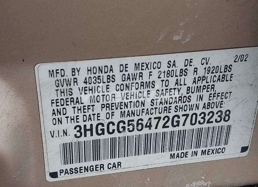 Photo 9 of 2002 Honda Accord 2.3 LX (VIN 3HGCG56472G703238)