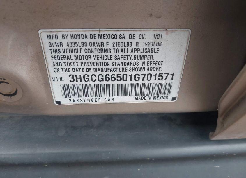 Photo 9 of 2001 Honda Accord 2.3 LX (VIN 3HGCG66501G701571)