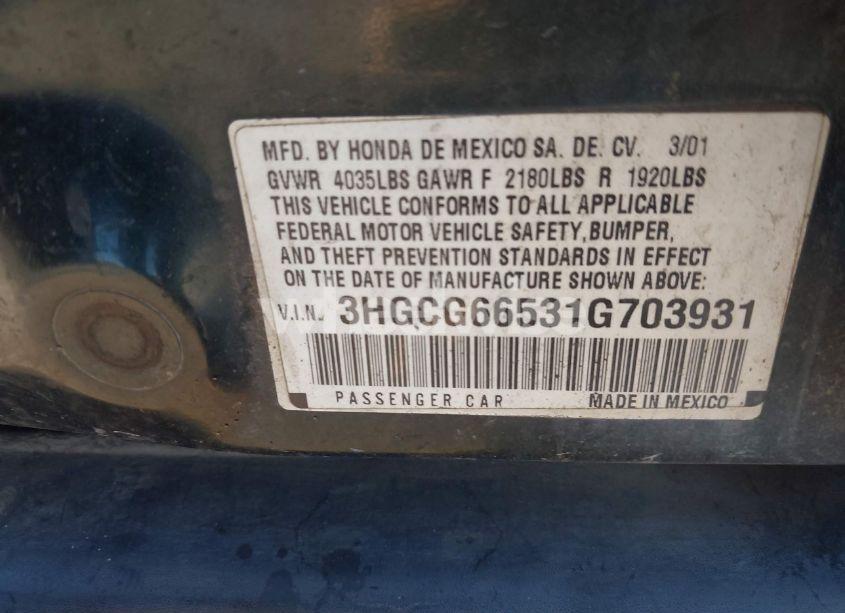 Photo 9 of 2001 Honda Accord 2.3 LX (VIN 3HGCG66531G703931)