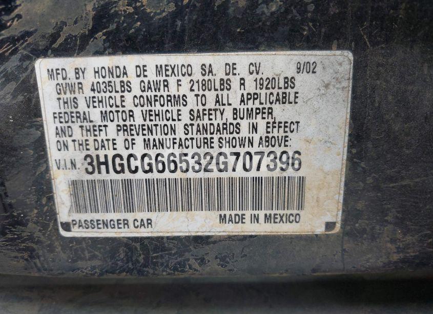 Photo 9 of 2002 Honda Accord 2.3 LX (VIN 3HGCG66532G707396)