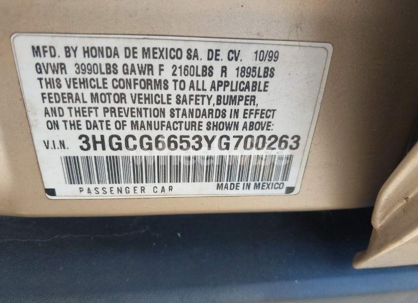 Photo 9 of 2000 Honda Accord 2.3 LX (VIN 3HGCG6653YG700263)