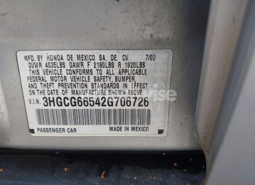 Photo 9 of 2002 Honda Accord 2.3 LX (VIN 3HGCG66542G706726)