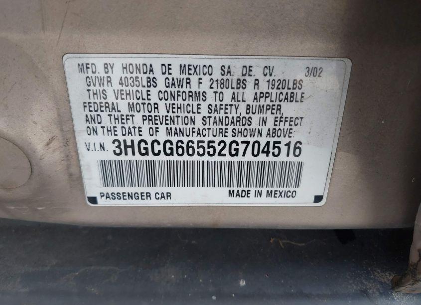 Photo 9 of 2002 Honda Accord 2.3 LX (VIN 3HGCG66552G704516)