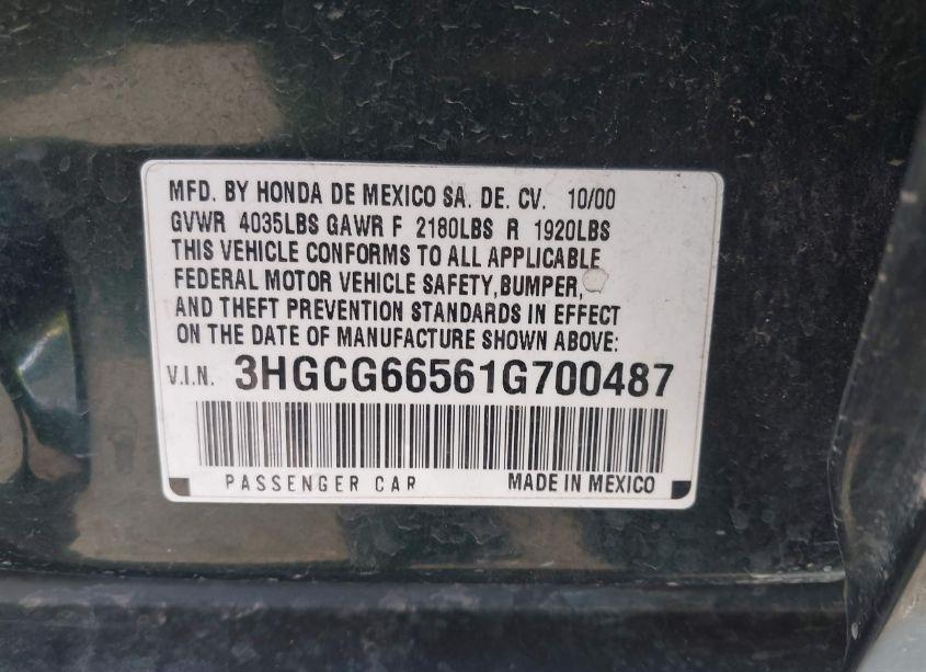 Photo 9 of 2001 Honda Accord 2.3 LX (VIN 3HGCG66561G700487)