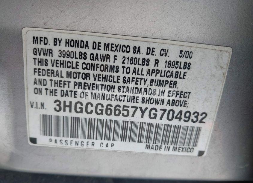 Photo 9 of 2000 Honda Accord 2.3 LX (VIN 3HGCG6657YG704932)