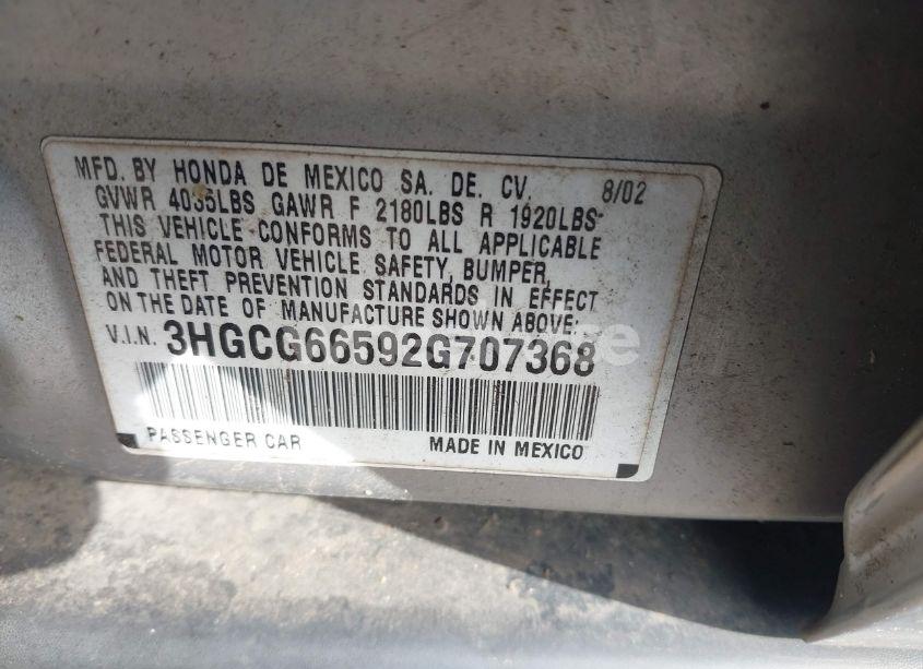 Photo 9 of 2002 Honda Accord 2.3 LX (VIN 3HGCG66592G707368)