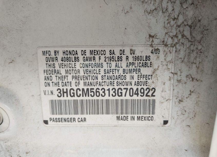 Photo 9 of 2003 Honda Accord 2.4 LX (VIN 3HGCM56313G704922)