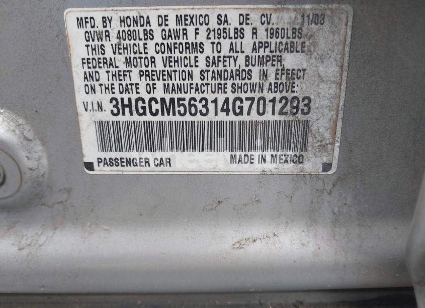 Photo 9 of 2004 Honda Accord 2.4 LX (VIN 3HGCM56314G701293)