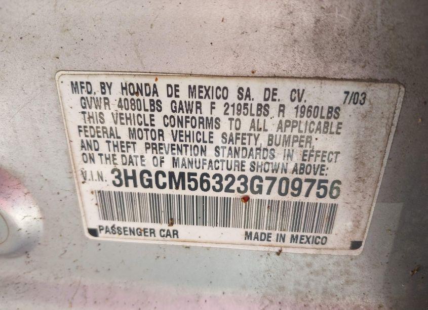 Photo 9 of 2003 Honda Accord 2.4 LX (VIN 3HGCM56323G709756)