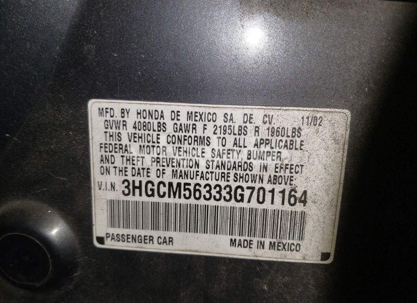 Photo 9 of 2003 Honda Accord 2.4 LX (VIN 3HGCM56333G701164)
