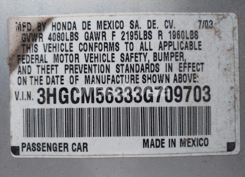 Photo 9 of 2003 Honda Accord 2.4 LX (VIN 3HGCM56333G709703)