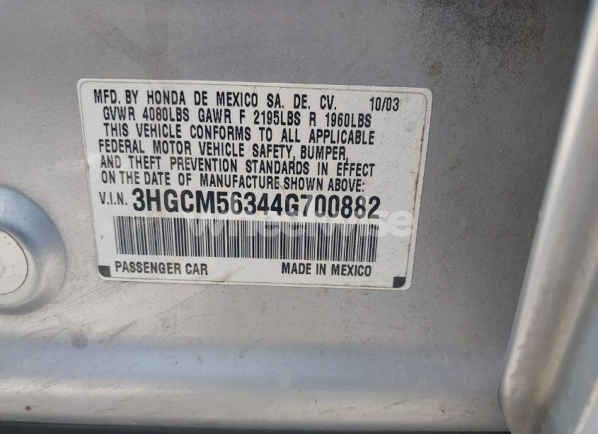 Photo 9 of 2004 Honda Accord 2.4 LX (VIN 3HGCM56344G700882)