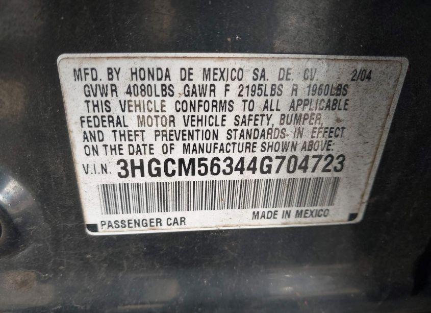 Photo 9 of 2004 Honda Accord 2.4 LX (VIN 3HGCM56344G704723)