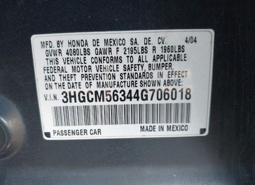 Photo 9 of 2004 Honda Accord 2.4 LX (VIN 3HGCM56344G706018)