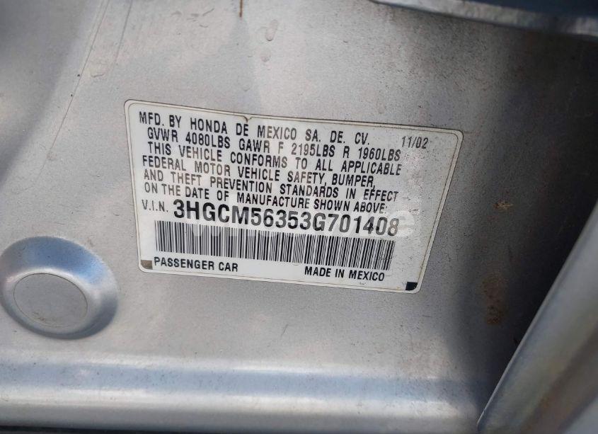 Photo 9 of 2003 Honda Accord 2.4 LX (VIN 3HGCM56353G701408)