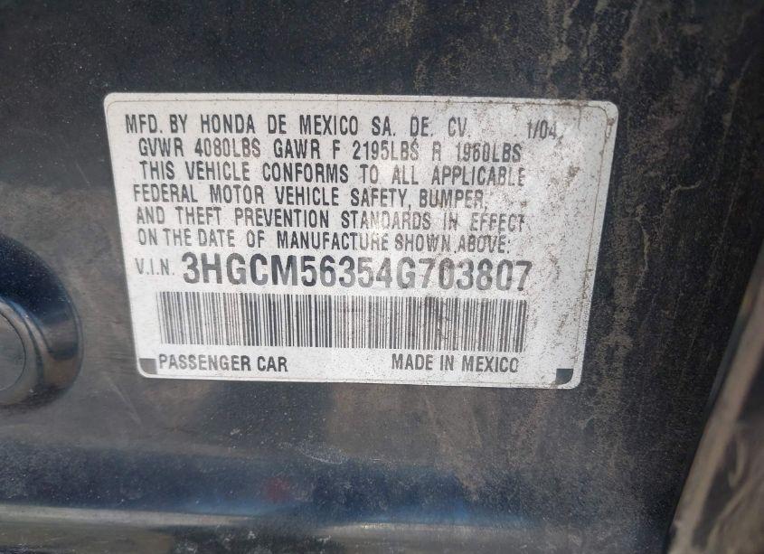 Photo 9 of 2004 Honda Accord 2.4 LX (VIN 3HGCM56354G703807)