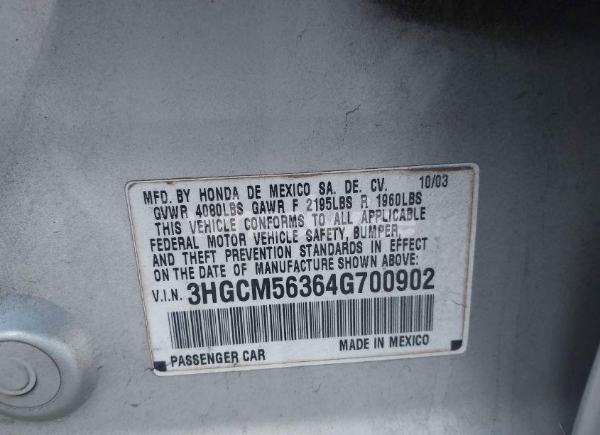Photo 9 of 2004 Honda Accord 2.4 LX (VIN 3HGCM56364G700902)