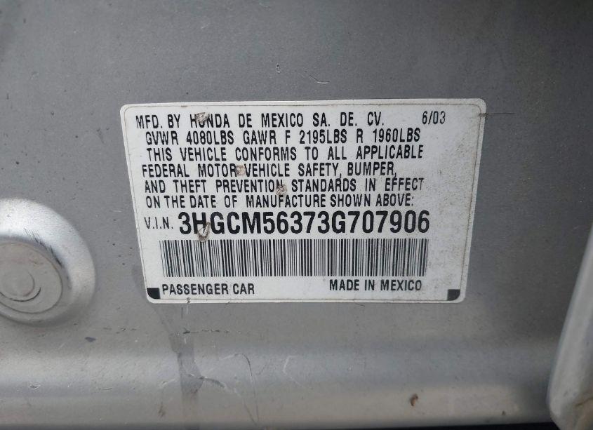 Photo 9 of 2003 Honda Accord 2.4 LX (VIN 3HGCM56373G707906)