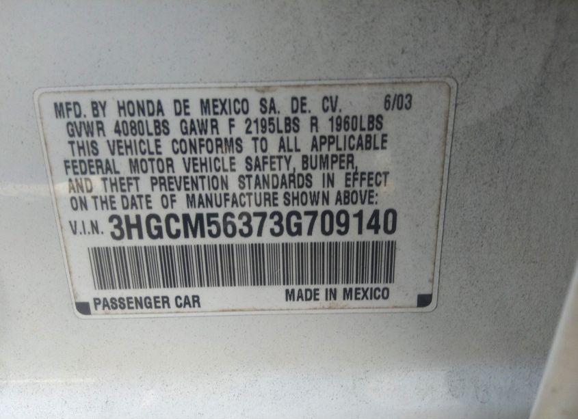 Photo 9 of 2003 Honda Accord 2.4 LX (VIN 3HGCM56373G709140)