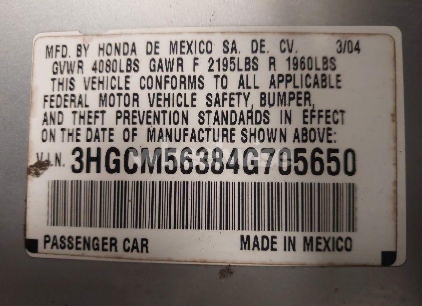 Photo 9 of 2004 Honda Accord 2.4 LX (VIN 3HGCM56384G705650)