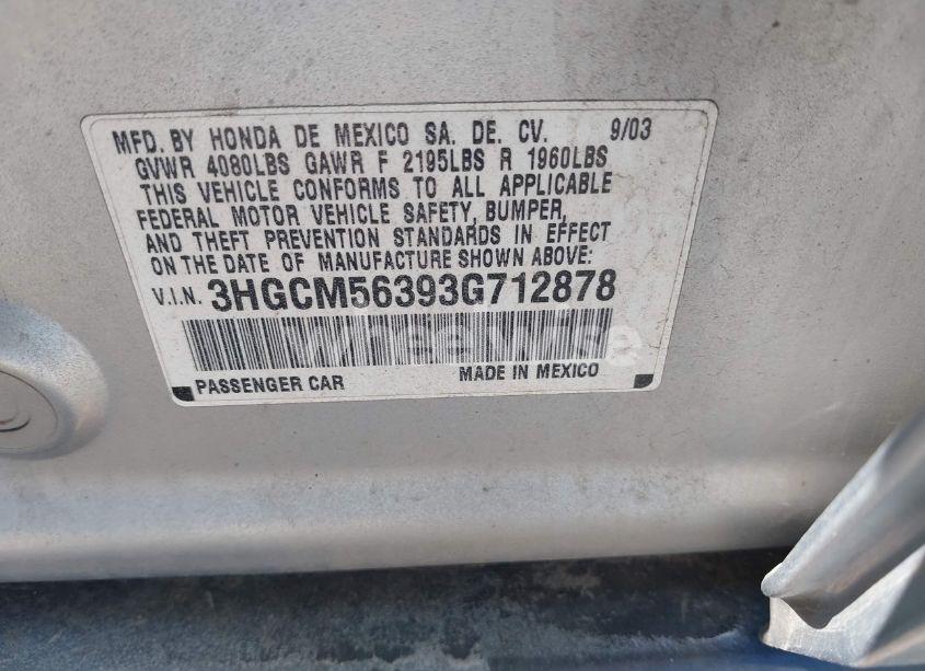 Photo 9 of 2003 Honda Accord 2.4 LX (VIN 3HGCM56393G712878)