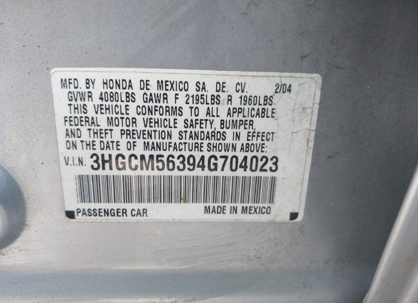 Photo 9 of 2004 Honda Accord 2.4 LX (VIN 3HGCM56394G704023)
