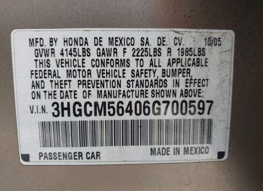 Photo 9 of 2006 Honda Accord 2.4 LX (VIN 3HGCM56406G700597)