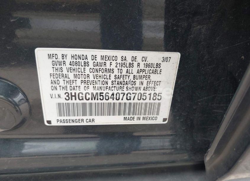Photo 8 of 2007 Honda Accord 2.4 LX (VIN 3HGCM56407G705185)