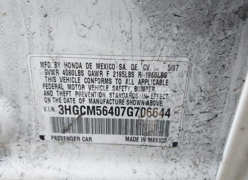 Photo 9 of 2007 Honda Accord 2.4 LX (VIN 3HGCM56407G706644)