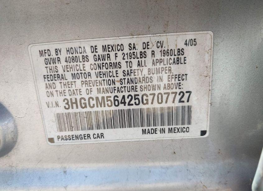 Photo 9 of 2005 Honda Accord 2.4 LX (VIN 3HGCM56425G707727)