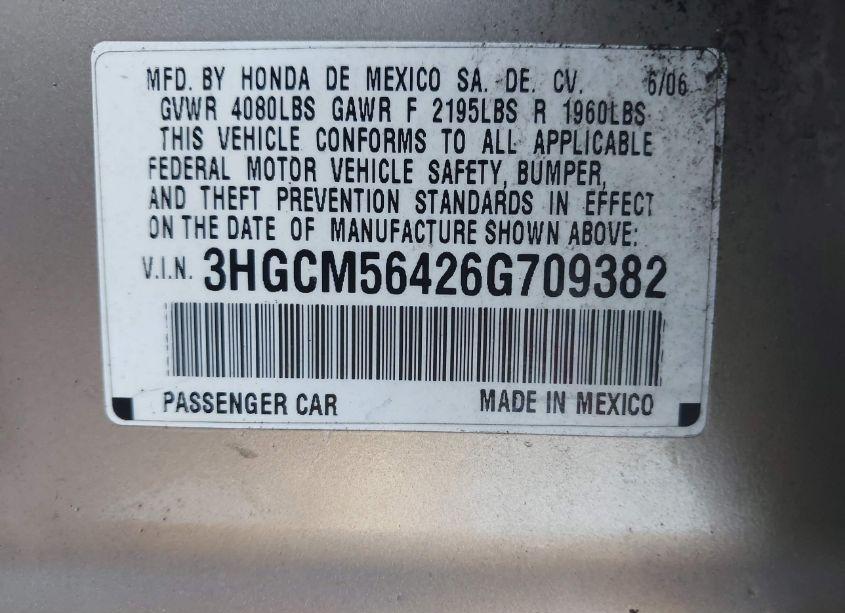 Photo 9 of 2006 Honda Accord 2.4 LX (VIN 3HGCM56426G709382)
