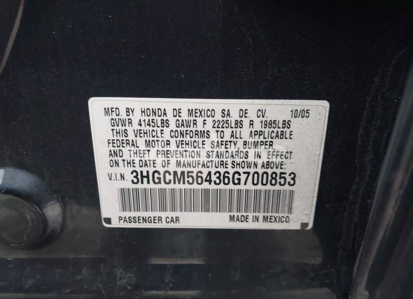 Photo 9 of 2006 Honda Accord 2.4 LX (VIN 3HGCM56436G700853)