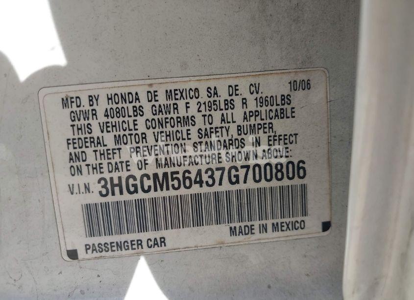 Photo 9 of 2007 Honda Accord 2.4 LX (VIN 3HGCM56437G700806)