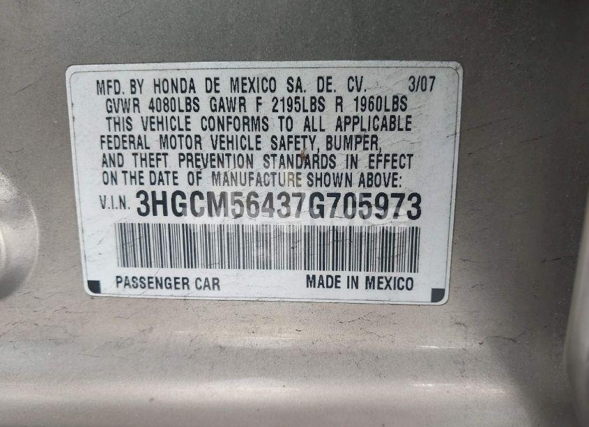 Photo 9 of 2007 Honda Accord 2.4 LX (VIN 3HGCM56437G705973)